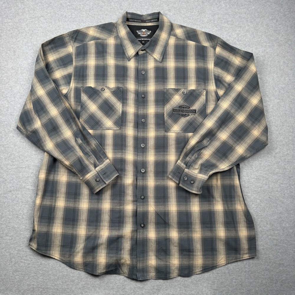 Harley Davidson Shirt Mens 3XL Plaid Biker Embroidered Logo Pockets Big Tall